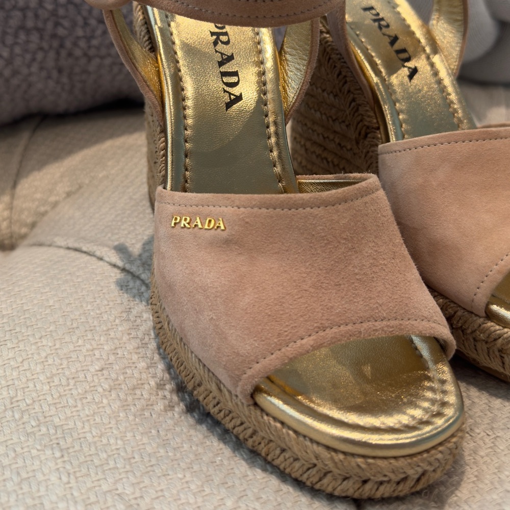 Prada espadrille wedge sandal in blush suede.